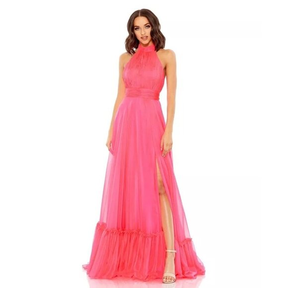 Mac Duggal High Neck Tiered Chiffon Halter Gown Pink 12 #9837 - Picture 1 of 8